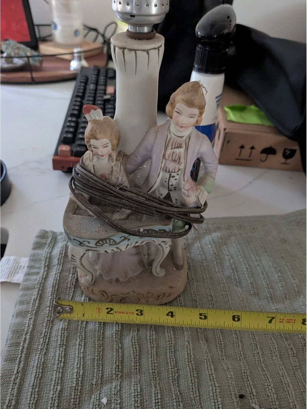 Vintage Ceramic Figurine Table Lamp Base – People, White Pink Green, 10 in